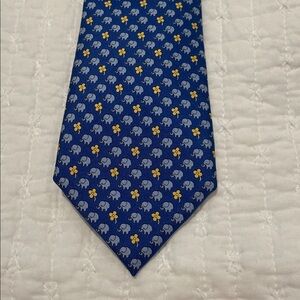 Thomas Pink Tie - Blue Elephant and Yellow Flower Patterned Fabric